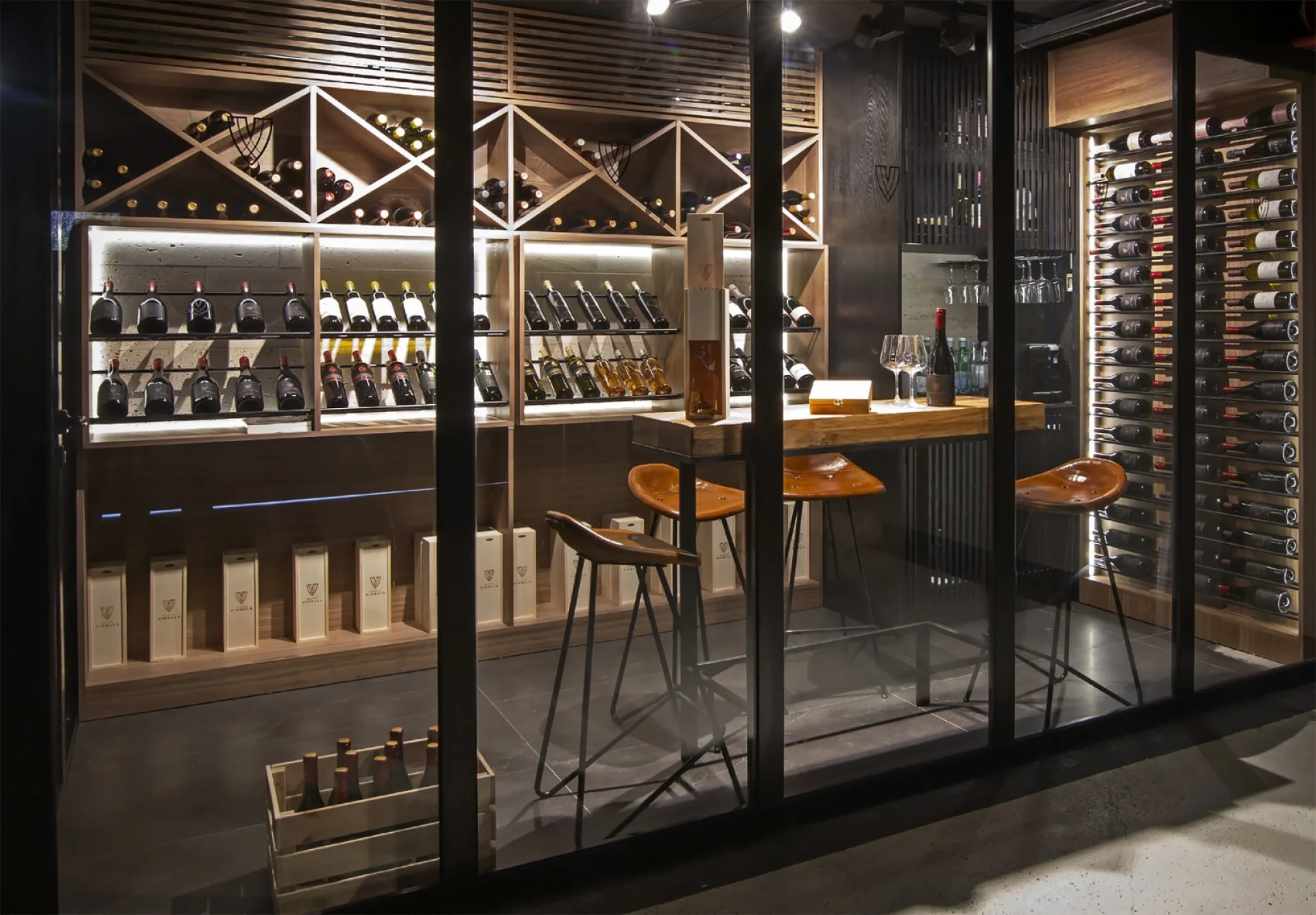 Wine tasting room with glass walls at Villa Palazzo