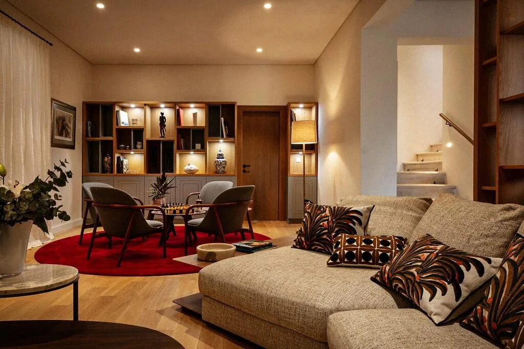 Living room with sofas, bookshelves and red rug at Villa La Rose