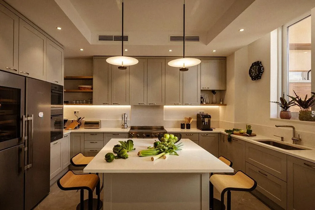 Modern kitchen with island and pendant lights at Villa La Rose