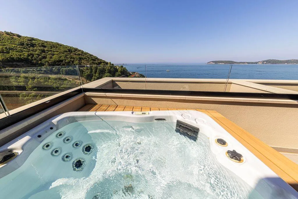 Outdoor hot tub with sea views at Villa Atreeum near Dubrovnik