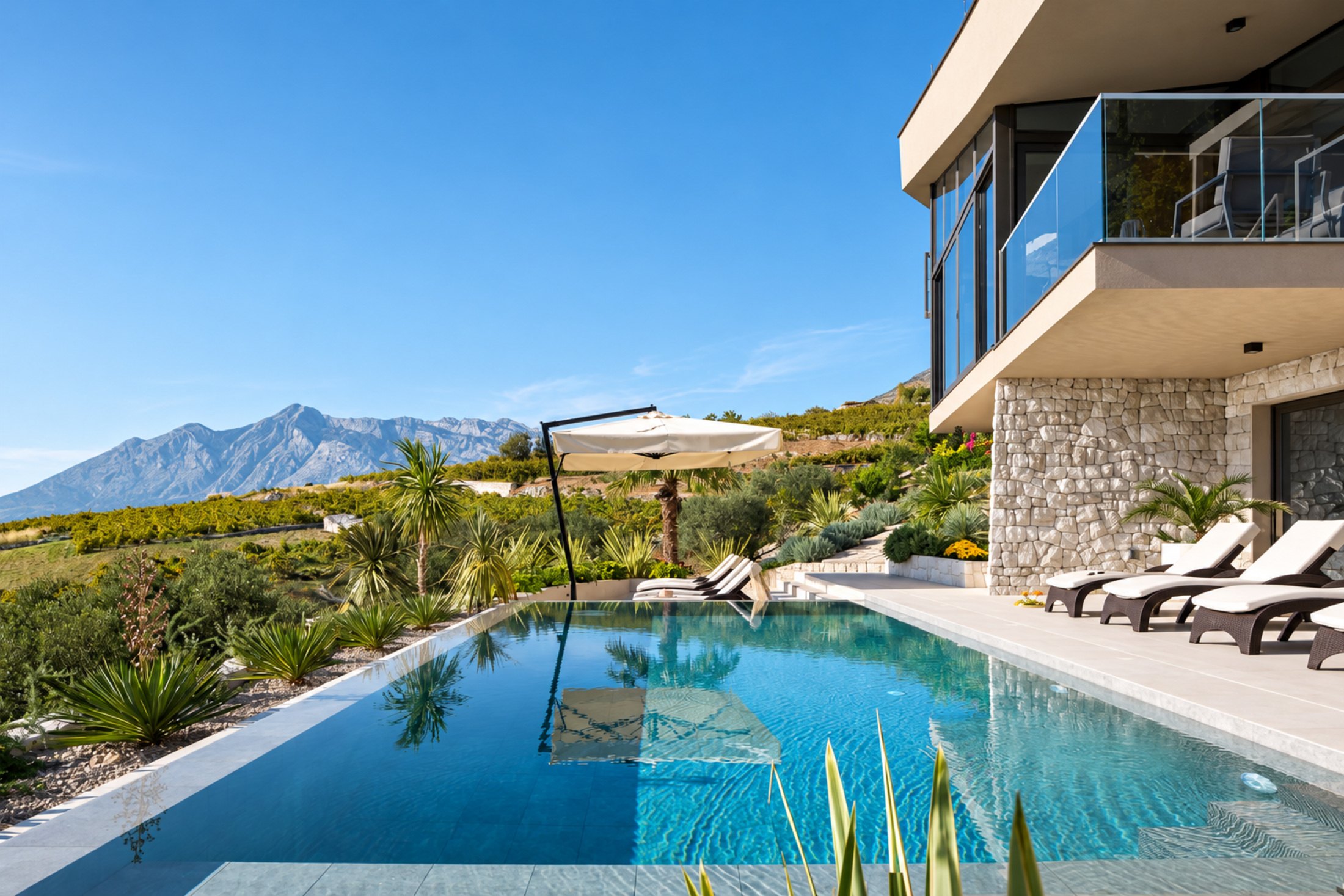 Infinity-Pool mit Sonnenliegen und Blick auf den Weinberg im House Bevel, einer modernen Villa auf der Halbinsel Pelješac