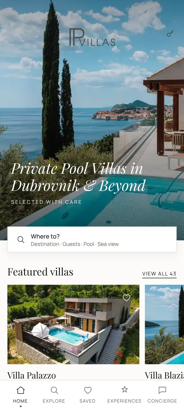 IP Villas app home screen showing Villa Blazia, Villa Palazzo and the villa search